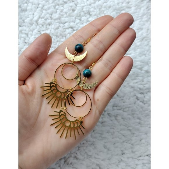 Moon Phases Sunshine Dangle Earrings with Blue Tigers Eye Boho Celestial - Picture 3 of 7